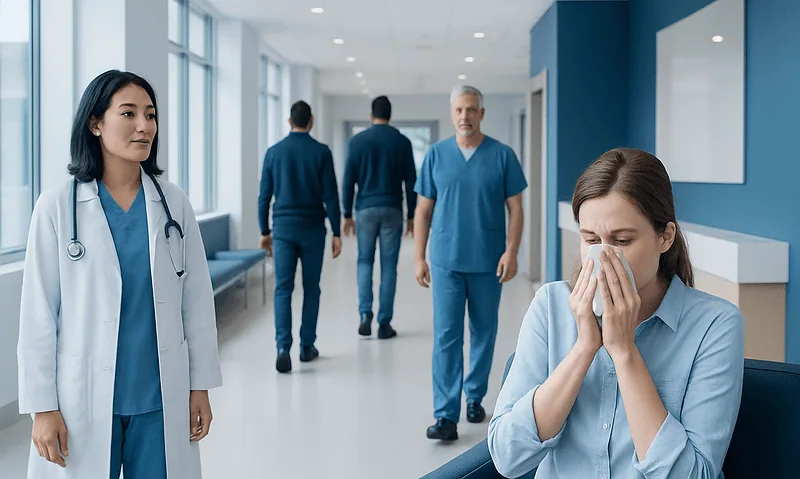 Hospital corridor with medical staff and a woman with a stuffed nose.