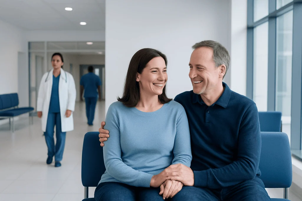 Happy Wife Happy Life: What Patients Need to Know 1 Happy couple at hospital waiting area with medical staff in background.