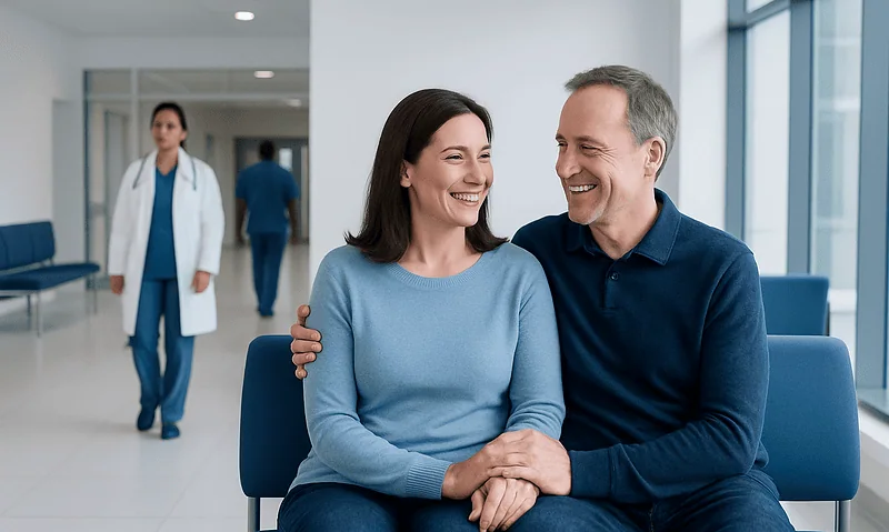 Happy couple at hospital waiting area with medical staff in background.