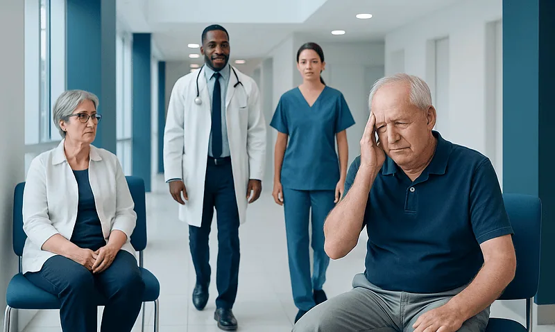 What Does Having a Stroke Feel Like? Here Is What the Evidence Says 5 Elderly man experiencing headache in hospital waiting area with medical staff nearby.