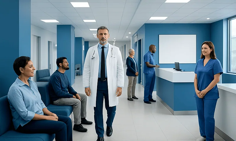 Medical team in hospital waiting area with doctor and nurses.