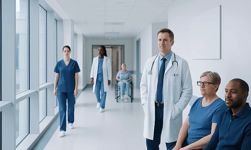 Medical team and patients in a hospital corridor at Acibadem Hospitals Group.