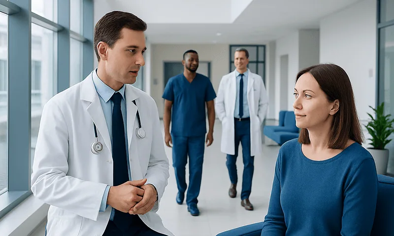 Doctor consulting female patient in a modern hospital corridor.