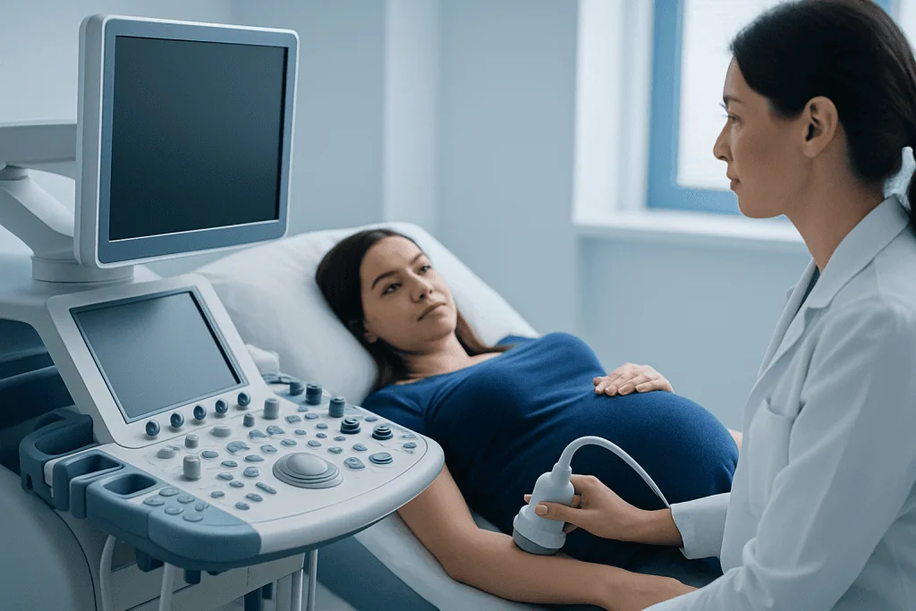Pregnant woman undergoing ultrasound examination in hospital room.