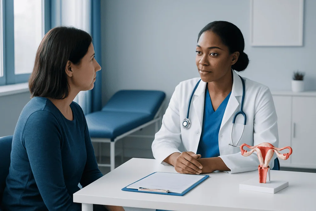 Doctor consulting with patient about cervical health and HPV risks.