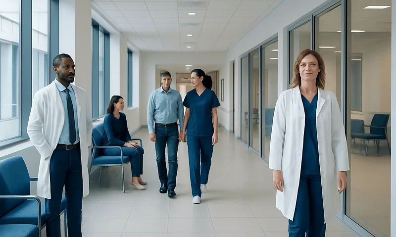 Medical team walking in hospital corridor at Acibadem Hospitals Group.