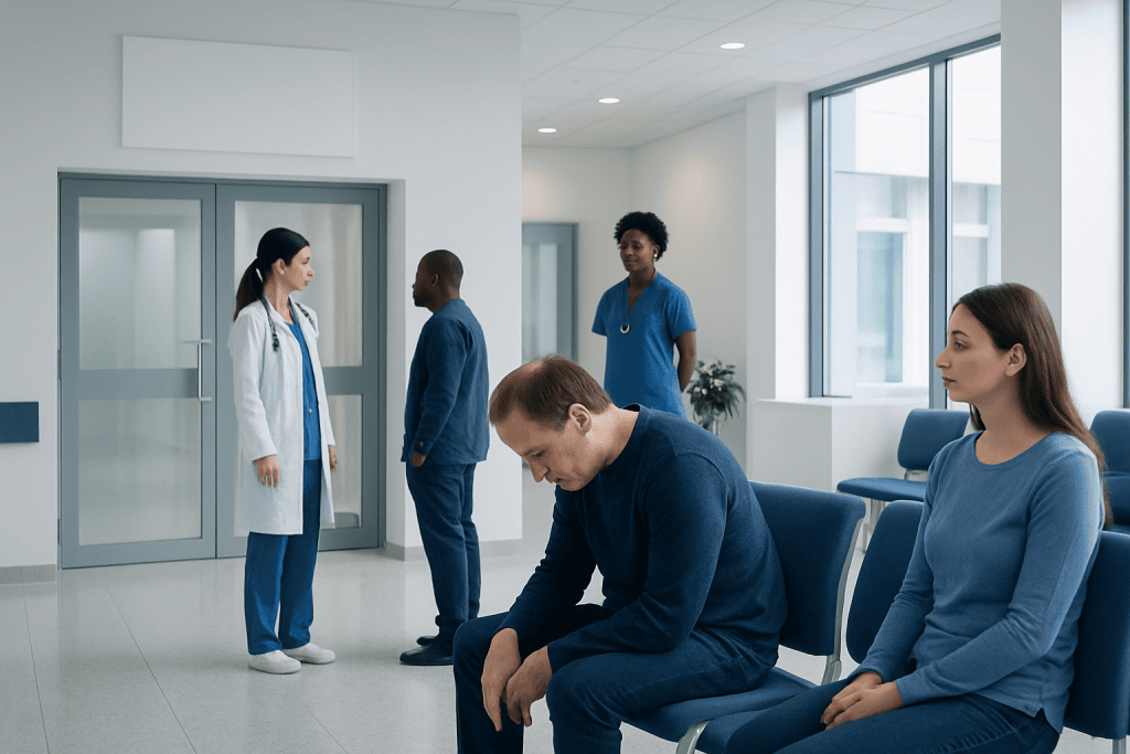 Hunched Posture: Causes, Assessment, and Care 1 Patients waiting in a hospital corridor with medical staff nearby.