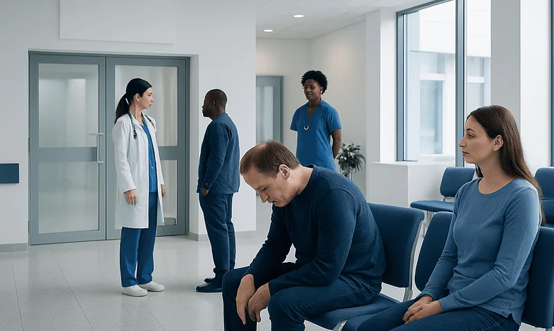 Patients waiting in a hospital corridor with medical staff nearby.
