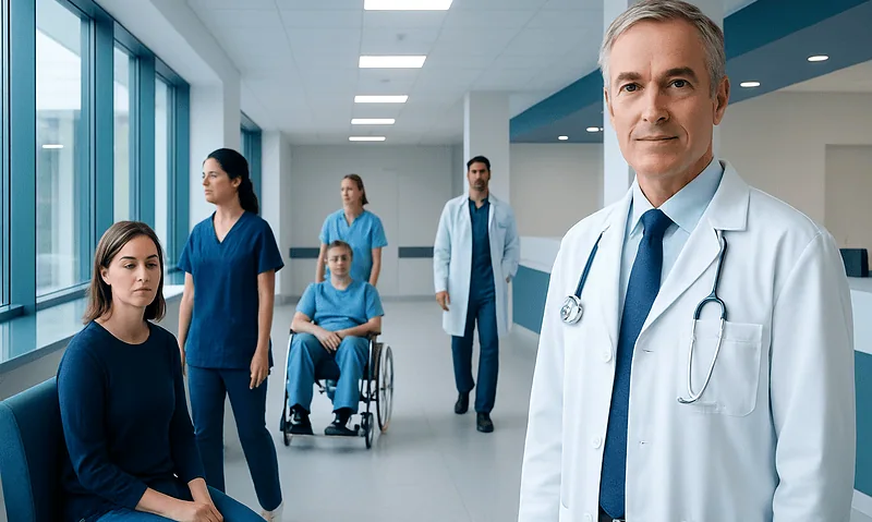 Medical team with doctor and patients in hospital corridor.