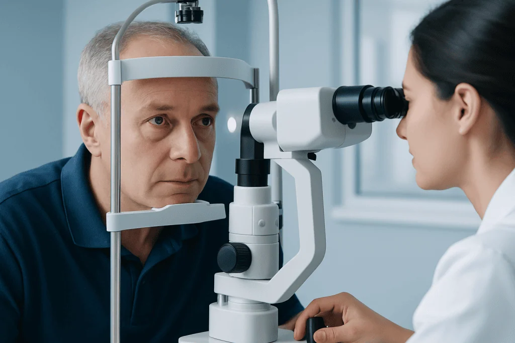 Ophthalmologist examining patient's eye with slit lamp microscope.