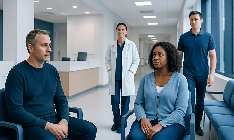 Patients waiting in a hospital corridor with medical staff nearby.