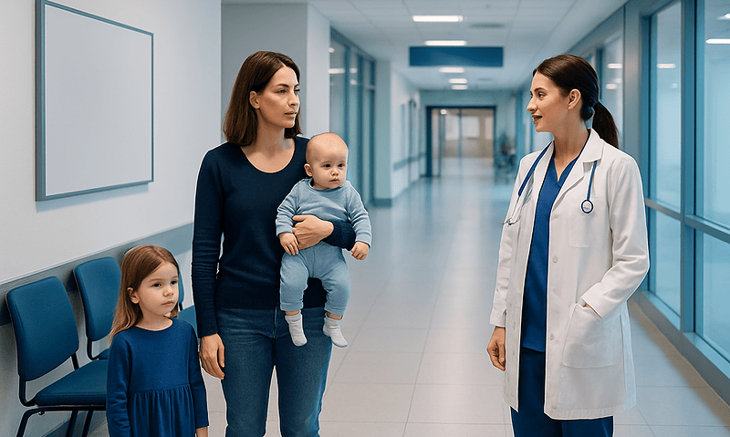 Health Library 6 Mother and children consulting with a doctor in a hospital corridor.