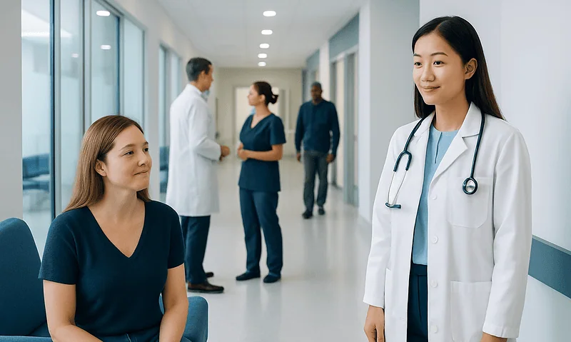 Medical consultation in a hospital corridor with doctors and patient.