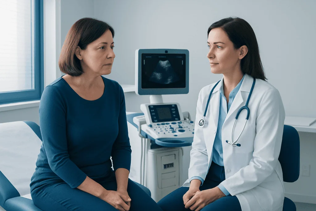 Doctor discussing ultrasound results with a patient in a medical office.