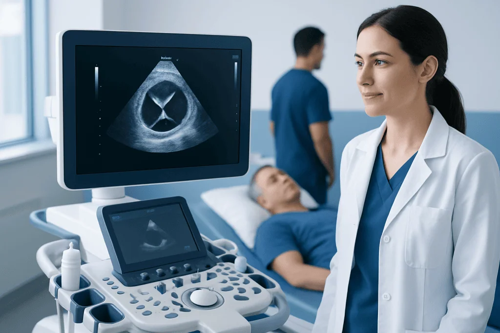 Medical professional reviewing an ultrasound of the heart in a hospital setting.