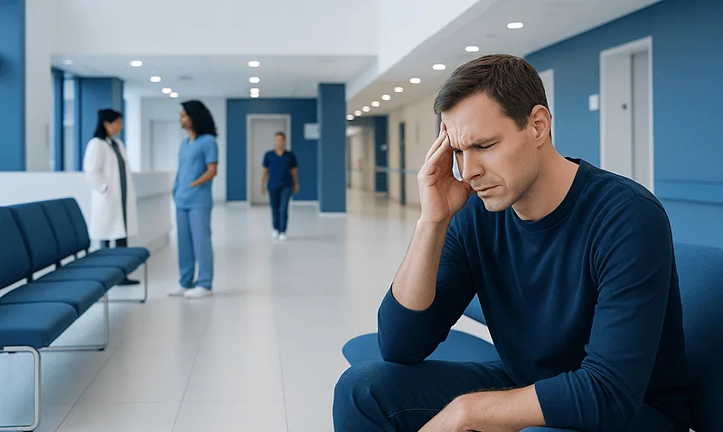 My Head Feels Heavy and Pressure But No Pain: Possible Causes and When to Seek Care 5 Man with headache sitting in hospital corridor at Acibadem Hospitals Group.