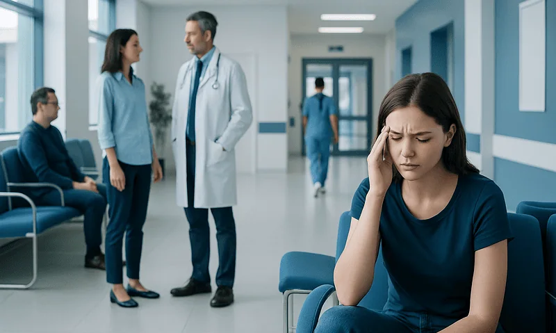 Young woman experiencing headache in hospital waiting area.