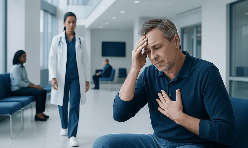Man experiencing dizziness in a hospital waiting area with medical staff nearby.