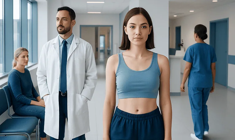 Young woman in hospital corridor with medical staff and patient in background.