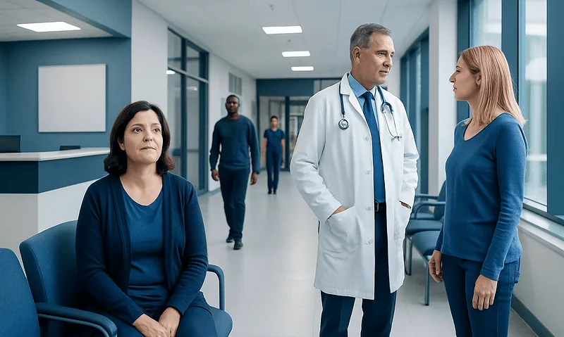 Doctor consulting with a female patient in a hospital corridor.