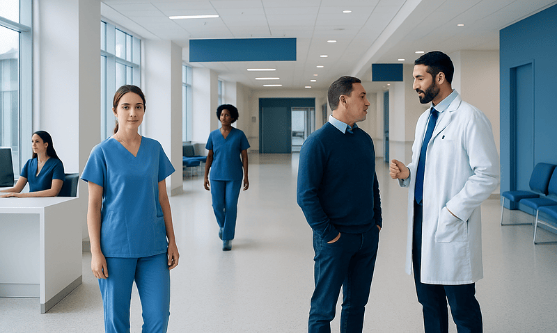 Medical staff and doctor in hospital corridor at Acibadem Hospitals Group.