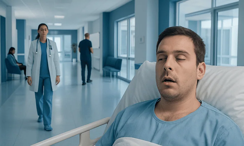 Open Eyes When Sleeping: An Evidence-Based Guide for Patients 17 Patient sleeping in hospital bed with medical staff in background.