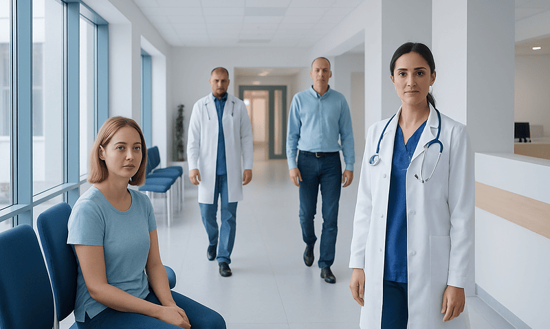 Medical team in hospital corridor with patient and doctors.