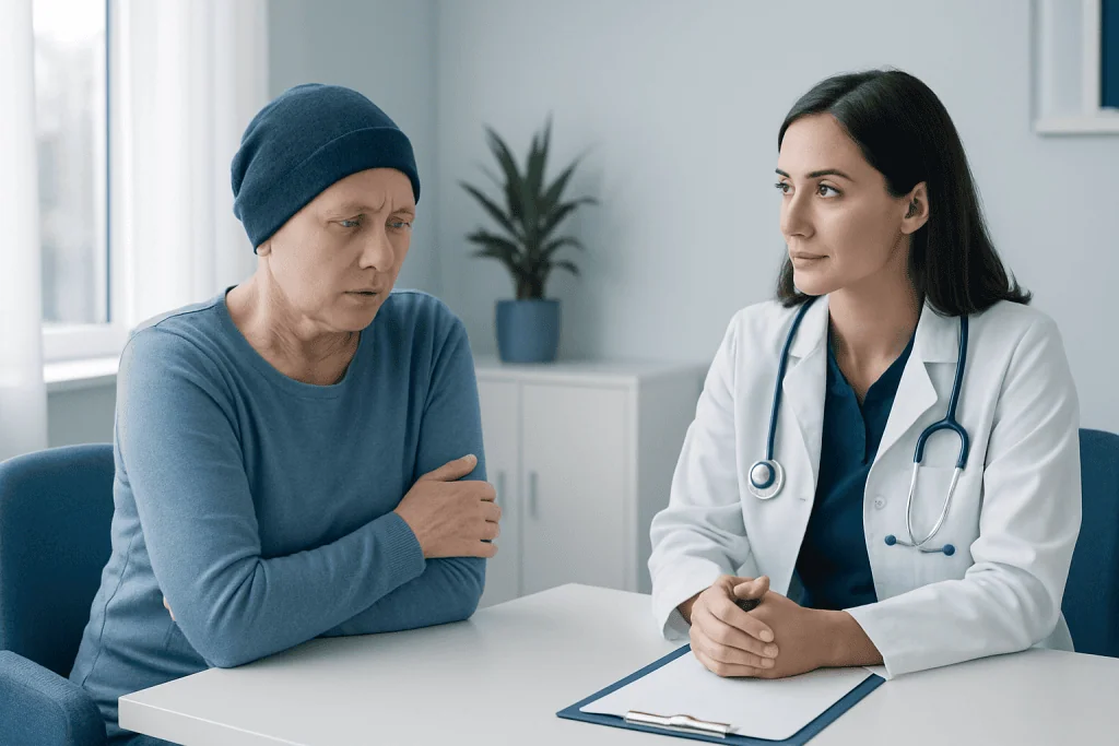Doctor consulting with a patient wearing a beanie in a medical office.
