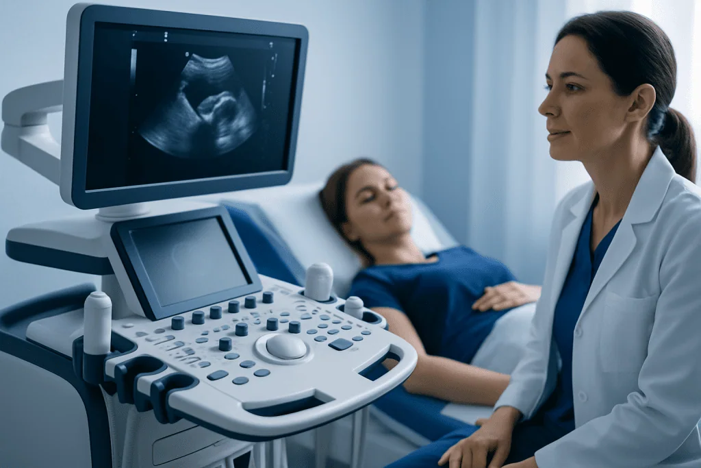 Medical professional performing ultrasound on patient in hospital room.
