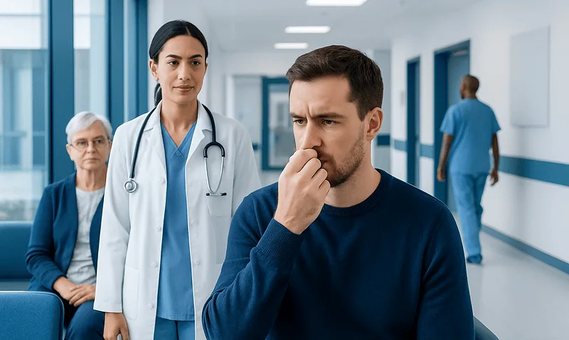 Man contemplating in hospital corridor with medical staff nearby.