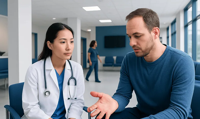 Doctor consulting with patient in a modern hospital setting.