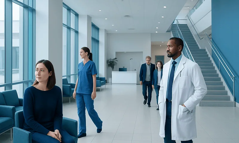 Medical staff and patient in modern hospital lobby at Acibadem Hospitals Group.