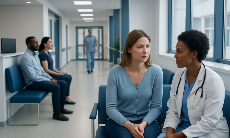 Medical consultation in a hospital corridor with diverse patients and a doctor.