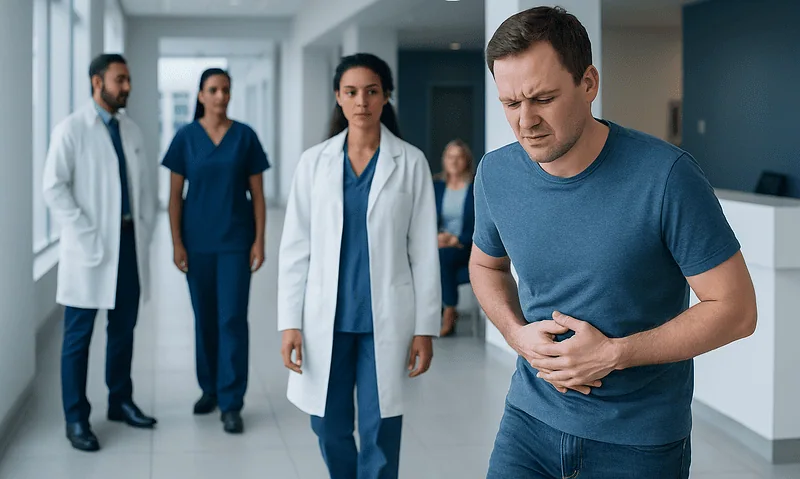 Man experiencing stomach pain in hospital corridor with medical staff nearby.