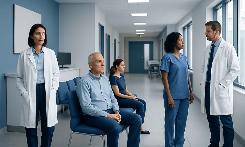 Medical consultation in hospital corridor with healthcare professionals and patient.