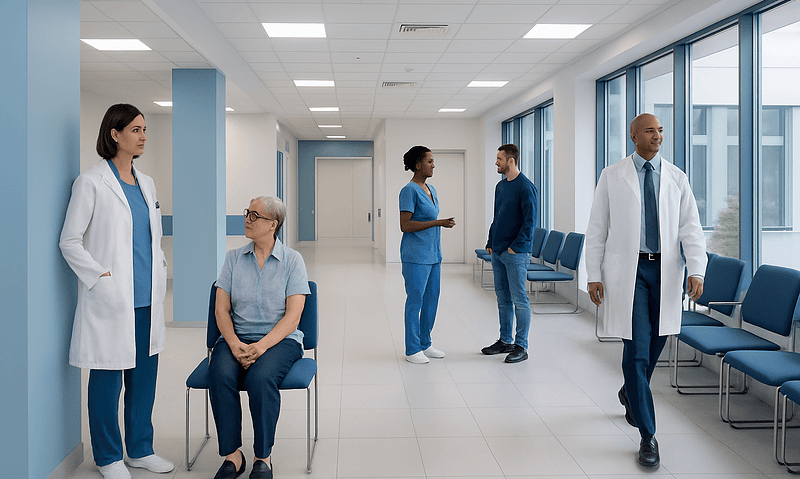 Medical staff and patient in a modern hospital corridor.