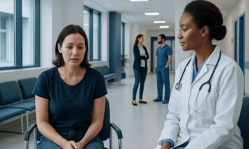 Patient consulting with a doctor in a hospital corridor.