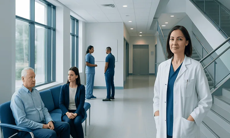 Medical professionals and patients in a modern hospital corridor.