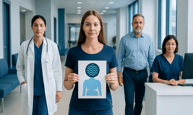 Medical team holding a sign with a stomach icon in a hospital corridor.