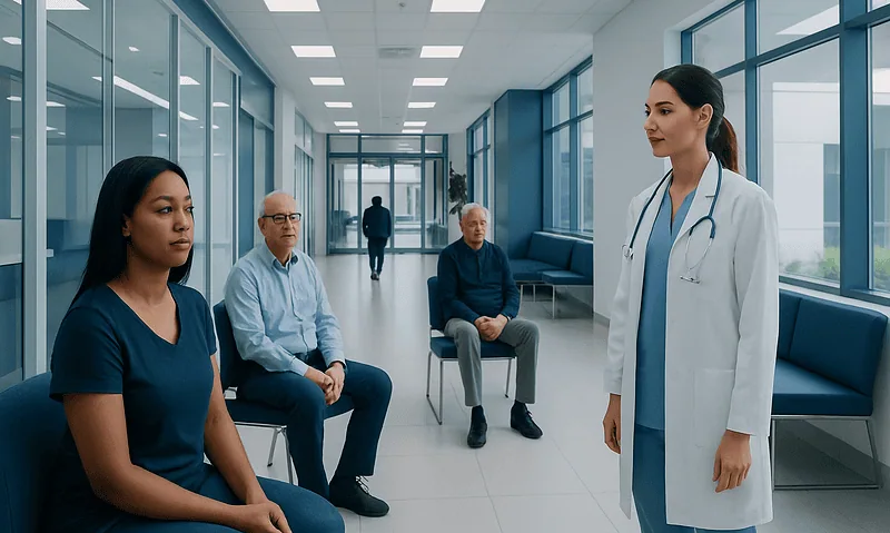 Medical consultation in a hospital corridor with patients and a doctor.