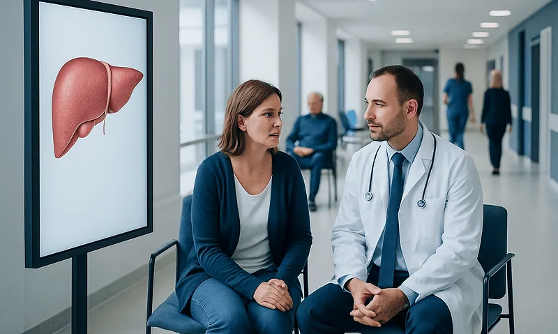 Doctor explaining liver health to a patient in a hospital corridor.