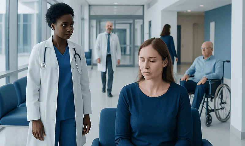 Doctor and patient in hospital corridor with other staff and patient in wheelchair.