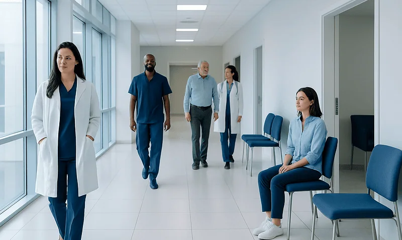 Healthcare professionals and patient in a modern hospital corridor.
