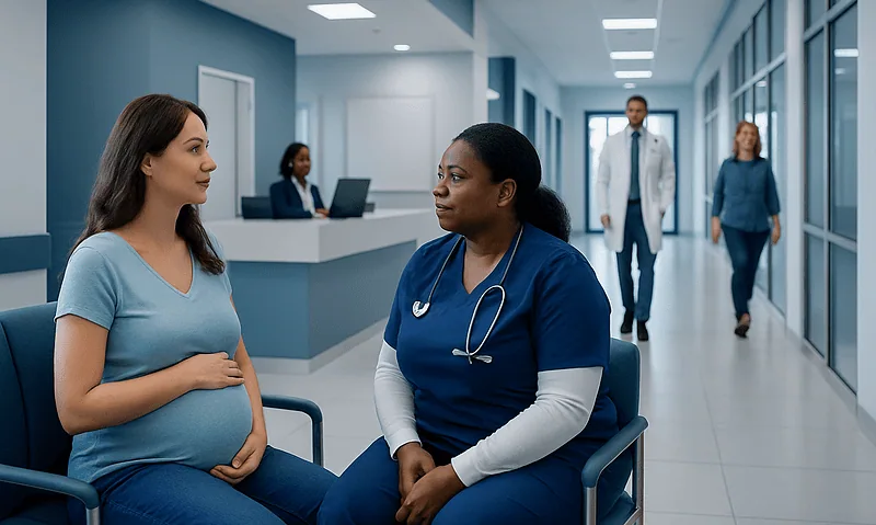 Pregnant woman consulting with a healthcare professional in a hospital corridor.