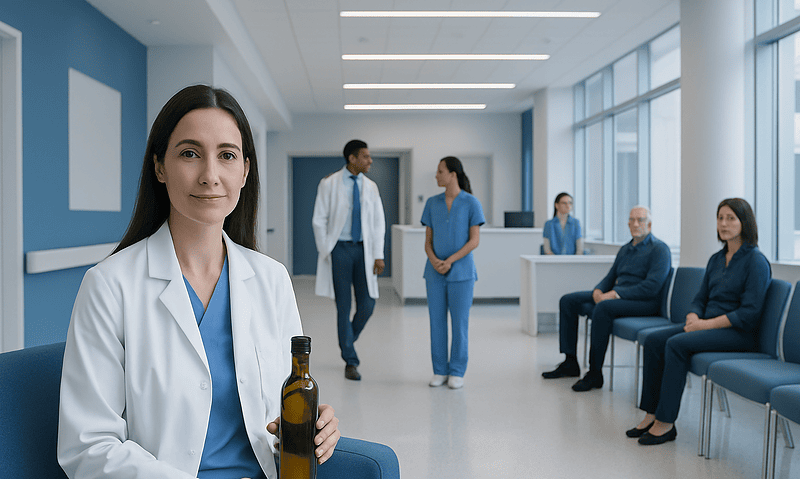 Healthcare professionals in a modern hospital waiting area.