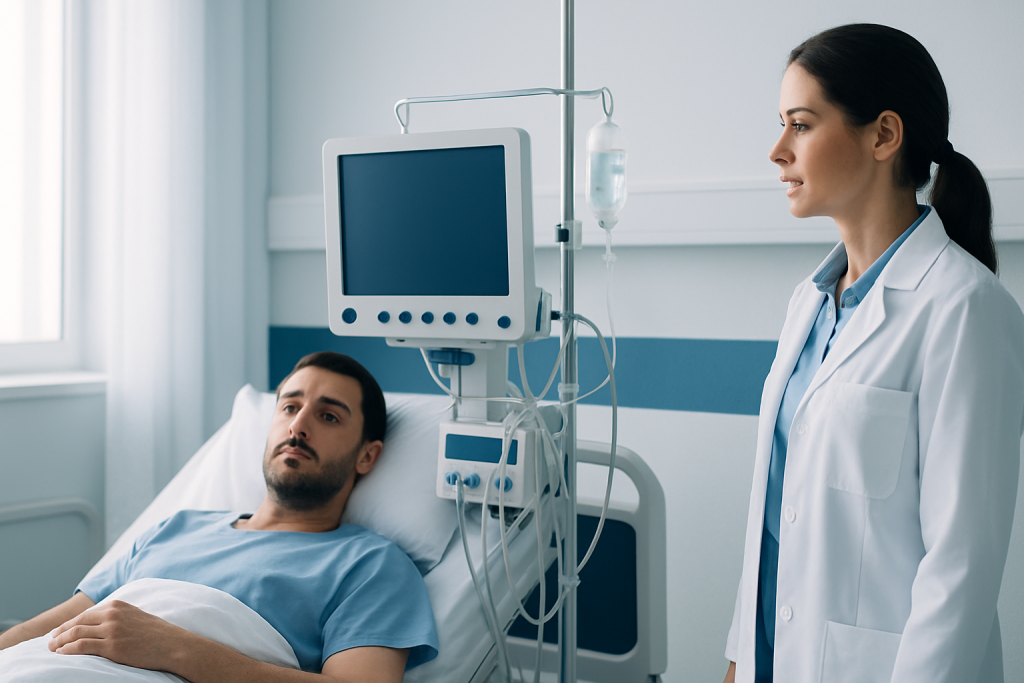 Hospital patient receiving medical care from a nurse in a clinical setting.
