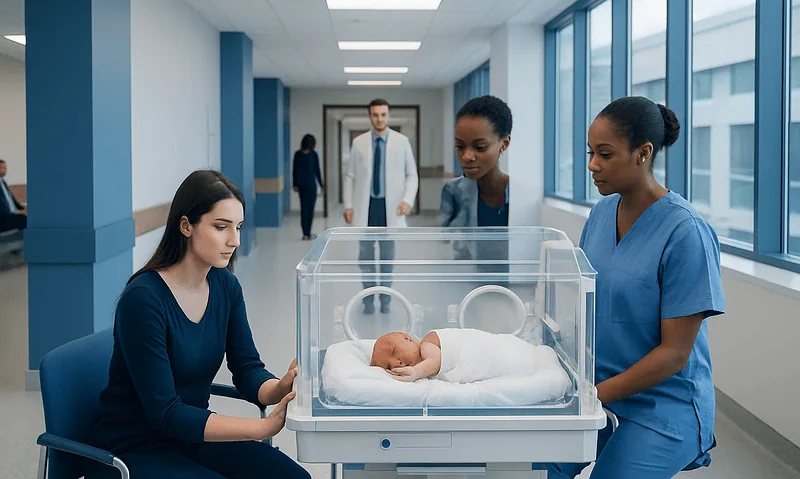 Micro Preemie — Explained by Medical Evidence, Not Myths 15 Newborn in incubator with medical staff in hospital corridor.