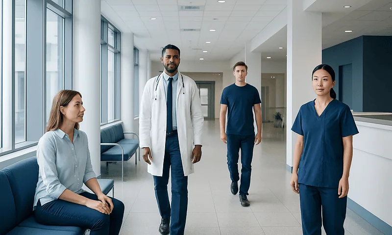 Medical team in hospital corridor with patients and staff at Acibadem Hospitals Group.