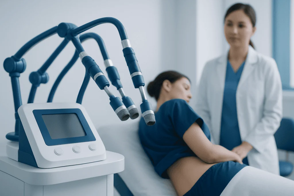 Medical treatment room with advanced equipment and a patient receiving care.