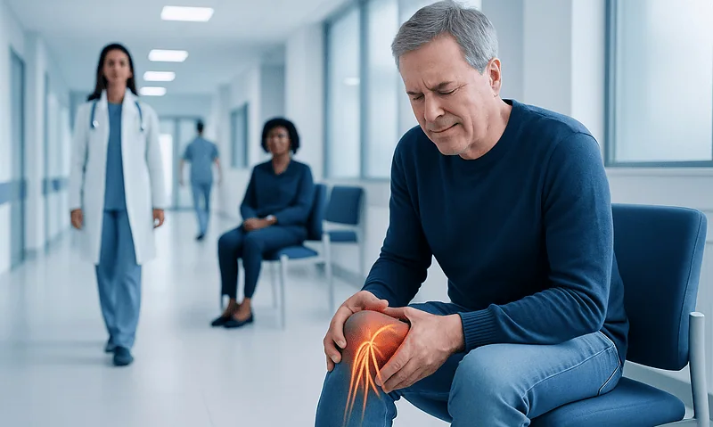 Nerves in Knee With Pain: Signs of Irritation 5 Middle-aged man experiencing knee pain in a hospital corridor.